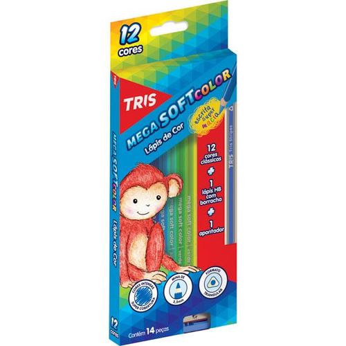 Lápis de Cor 12 Cores 1 Apontador 1 Lápis HB Mega Soft Color Tris