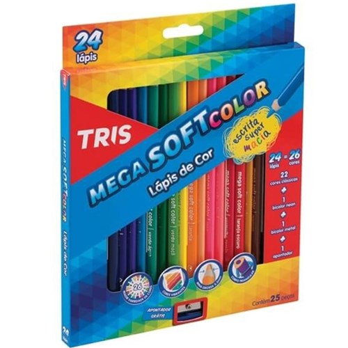 Lápis de Cor Mega Soft Color com 24 Cores + Apontador Tris