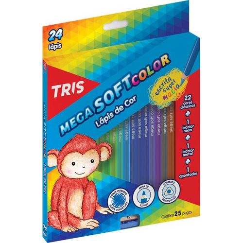 Lápis de Cor Triangular 24 Cores 1 Apontador Mega Soft Color Tris