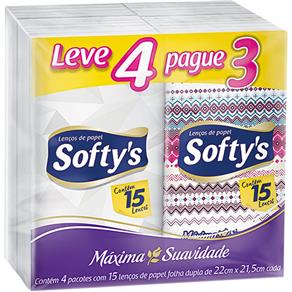 Lenço Softy`s Folha Dupla 15 Folhas Leve 4 Pague 3