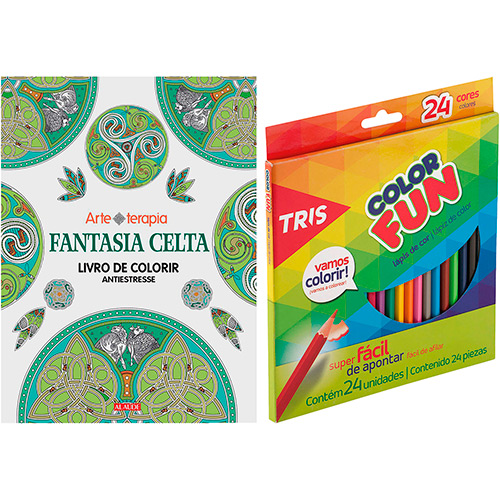 Livro para Colorir Adulto Fantasia Celta + Lápis de Cor Tris Color Fun 24 Cores