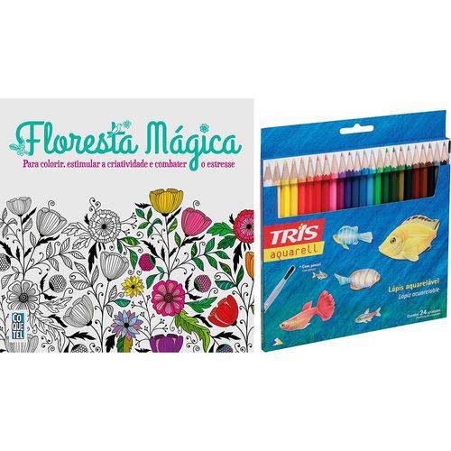 Livro para Colorir Adulto Floresta Mágica + Lápis de Cor Tris Aquarell + Pincel 24 Cores