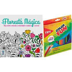 Livro para Colorir Adulto Floresta Mágica + Lápis de Cor Tris Color Fun 24 Cores