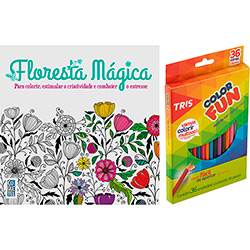 Livro para Colorir Adulto Floresta Mágica + Lápis de Cor Tris Color Fun 36 Cores