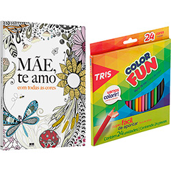 Livro para Colorir Adulto Mãe, te Amo com Todas as Cores + Lápis de Cor Tris Color Fun - 24 Cores