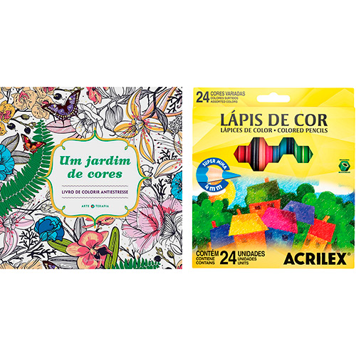 Livro para Colorir Adulto um Jardim de Cores + Lápis de Cor Acrilex Hexagonal 24 Cores
