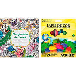 Livro para Colorir Adulto um Jardim de Cores + Lápis de Cor Acrilex Hexagonal 24 Cores