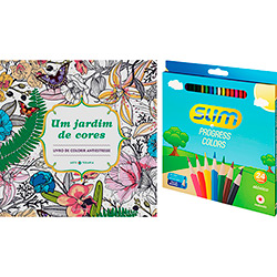 Livro para Colorir Adulto um Jardim de Cores + Lápis de Cor Slim Redondo 24 Cores