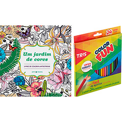 Livro para Colorir Adulto um Jardim de Cores + Lápis de Cor Tris Color Fun 24 Cores