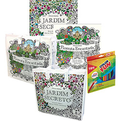 Livros para Colorir Adulto - Jardim Secreto + Floresta Encantada + Sacola Jardim Secreto/Floresta Encantada + Lápis Cor Tris Color Fun 24 Cores - Tris