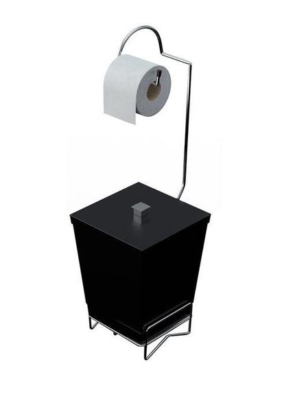 Lixeira Banheiro com Suporte Papel Higiênico Cesto Preto - Stolf
