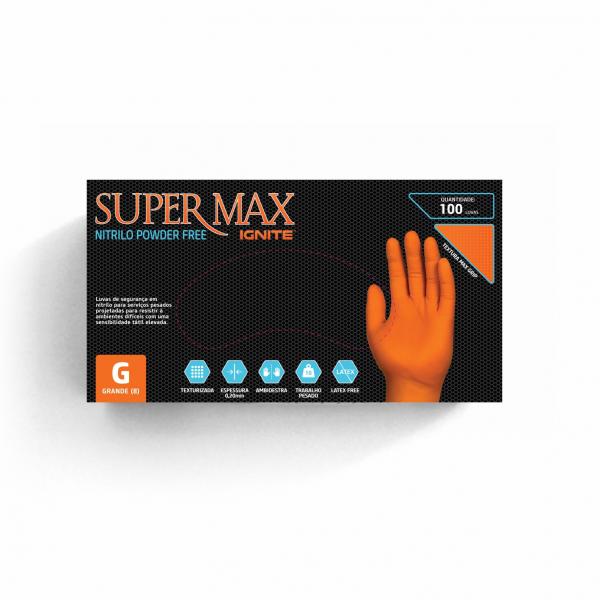 Luva para Procedimento Indústrial Laranja Sem Pó M - NITRILO Igneti Supermax Orange