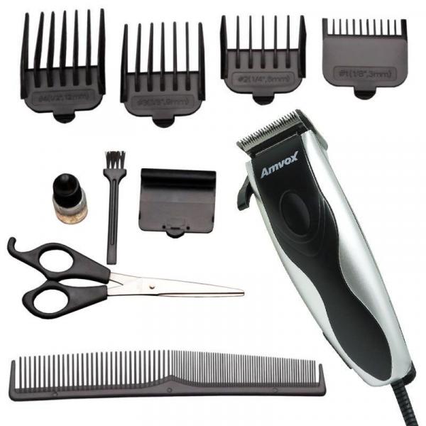 Tudo sobre 'Máquina de Cortar Cabelo Aparar Barba Pezinho Elétrica Amvox AM 760 Prata/Preta'
