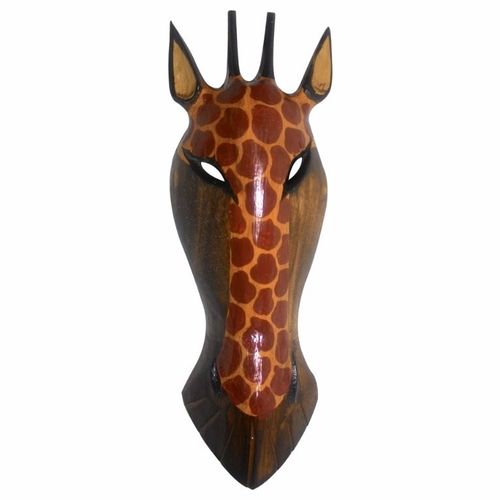 Máscara de Girafa Vermelha em Madeira com 27 Cm Importado da Indonésia