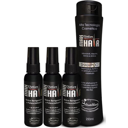 Max Efetive Hair - Tratamento para Calvície Shampoo e 3 Tônicos