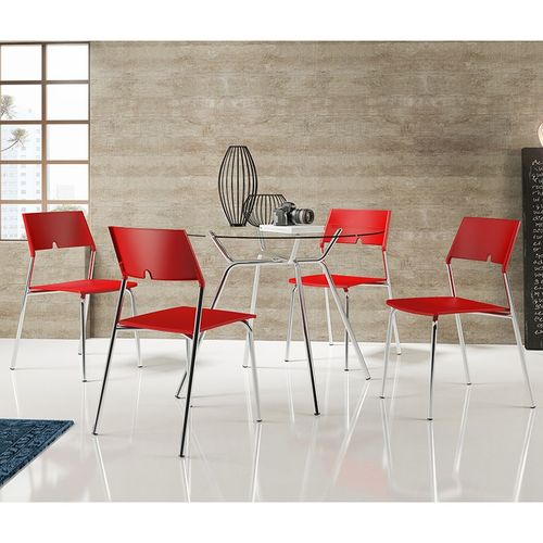 Mesa 1527 com Vidro Incolor Cromada com 4 Cadeiras 1711 Vermelha Carraro