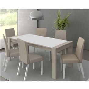 Mesa de Jantar Amanda com 6 Cadeiras Madesa - Branco / Bege / Tecido Saara - Branco/Bege