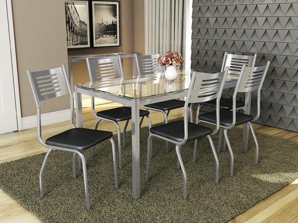 Mesa de Jantar com 6 Cadeiras Retangular - com Tampo de Vidro Kappesberg Crome CMC076CR-110