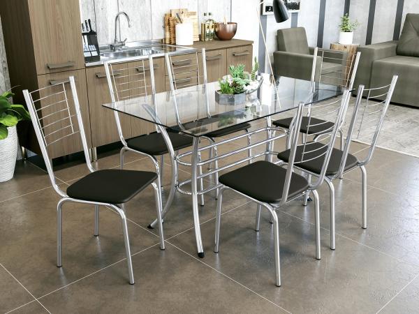 Mesa de Jantar com 6 Cadeiras Retangular - com Tampo de Vidro Kappesberg Crome CMC509CR-110