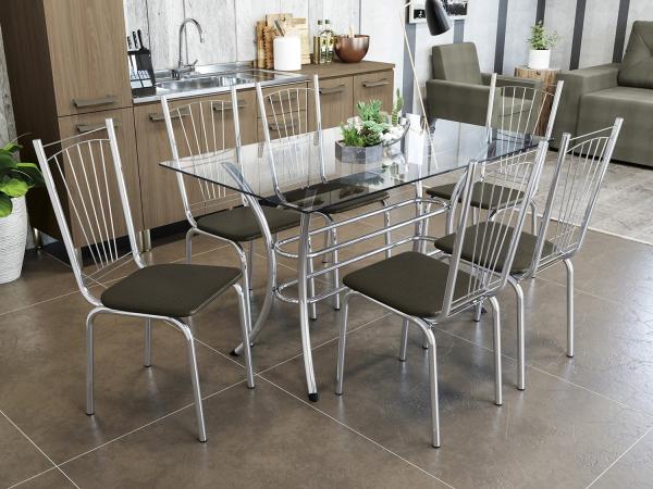 Mesa de Jantar com 6 Cadeiras Retangular - com Tampo de Vidro Kappesberg Crome CMC514CR-21