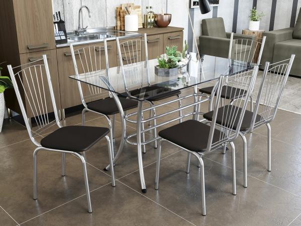 Mesa de Jantar com 6 Cadeiras Retangular - com Tampo de Vidro Kappesberg Crome CMC514CR-110
