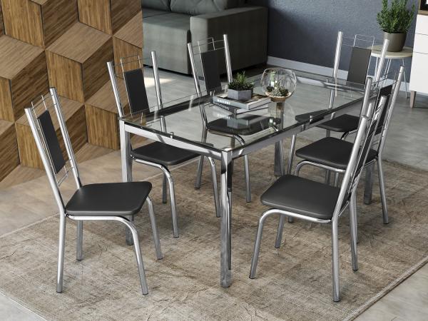Mesa de Jantar com 6 Cadeiras Retangular - com Tampo de Vidro Kappesberg Crome CMC259CR-110