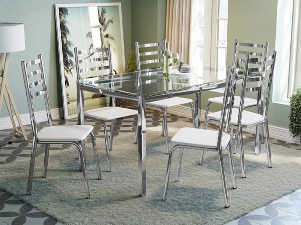 Mesa de Jantar com 6 Cadeiras Retangular - Tampo de Vidro Kappesberg Crome CMC445CR-106
