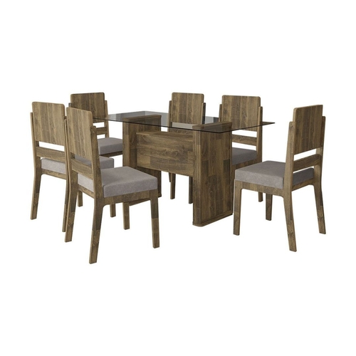 Mesa de Jantar Europa com 6 Cadeiras Esmeralda Amadeirado com Pena Caramelo - RV Móveis