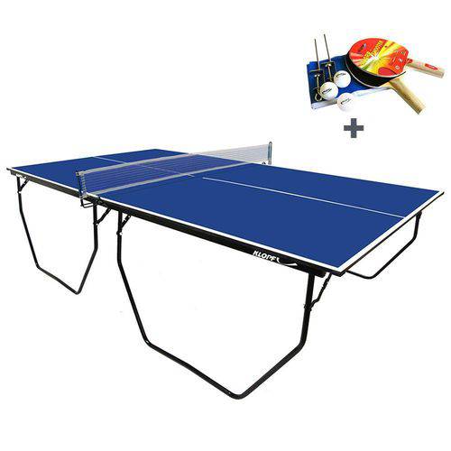 Mesa de Ping Pong 15 Mm Klopf Pés com Rodizios Azul + Kit de Raquetes, Bolinhas e Rede