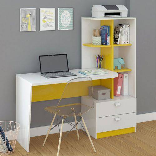 Mesa para Computador com Estante Elisa Permobili Branco/Amarelo