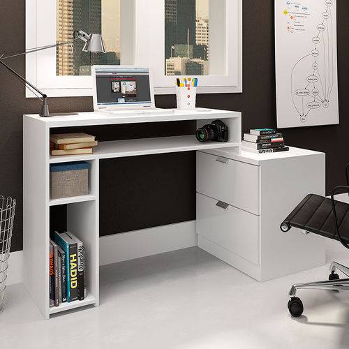 Mesa para Computador com 2 Gavetas e 2 Prateleiras 420 - Movelbento - Branco