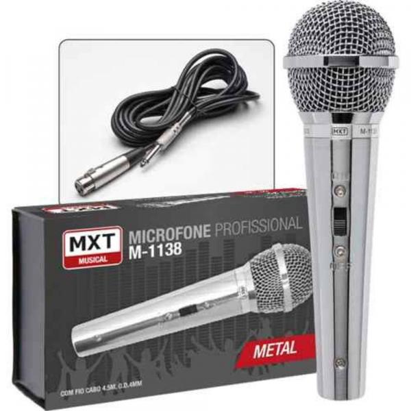 Tudo sobre 'Microfone Dinâmico de Mão Profissional Metal Prata MXT M-1138 com Cabo 4,5 Metros'