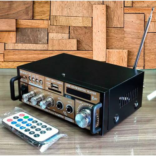 Tudo sobre 'Mini Amplificador com Bluetooth Karaokê Stereo Áudio Mp3 / Usb / Sd / Fm Digital Player'