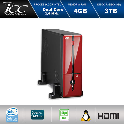 Mini Computador Icc Sl1844dv Intel Dual Core 2.41ghz 4gb HD 3tb Dvdrw USB 3.0 Hdmi Full HD Vermelho