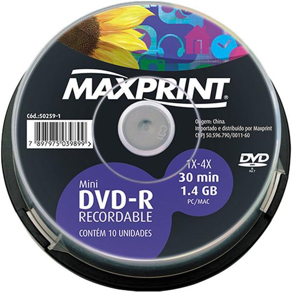 Mini DVD-R Gravável 1.4GB 30min 4x 10 Unidades DVD-R/PINO10 MAXPRINT