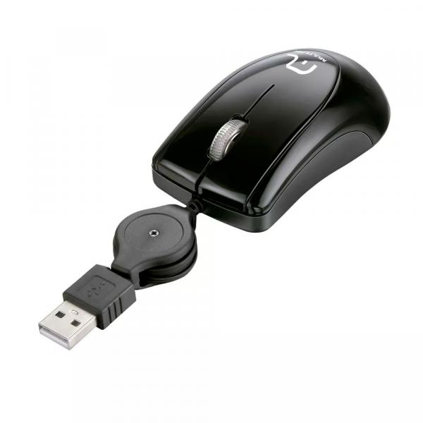 Mini Mouse Óptico com Cabo Retrátil Preto USB MO205 Multilaser