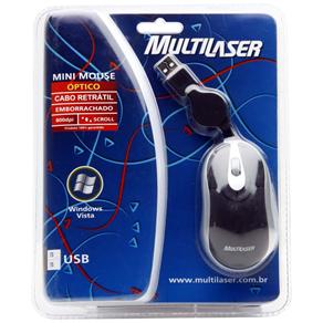 Mini Mouse Óptico Multilaser USB C/ Cabo Retrátil - Preto/Prata