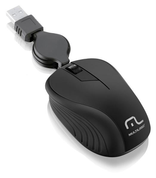 Mouse Retrátil Multilaser USB Emborrachado Preto MO231