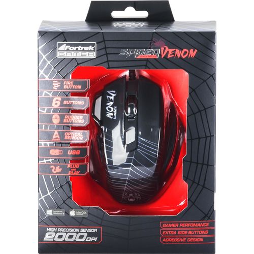 Tudo sobre 'Mouse USB Gamer SPIDER VENOM Óptico AVAGO 7 BOTÕES Preto/Vermelho FORTREK 800 1200 1600 2000 DPI'