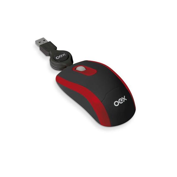 Mouse USB Retrátil OEX MS201 Óptico Preto e Vermelho