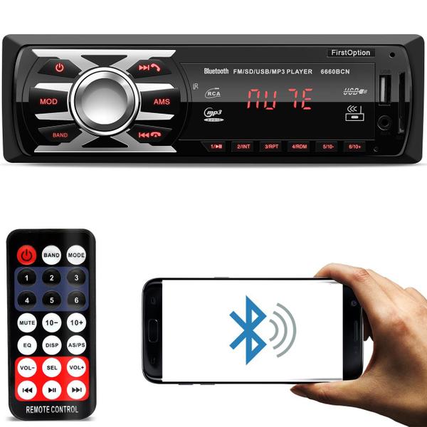 MP3 Player Automotivo 1 Din Led Bluetooth USB SD Cartão Auxiliar P2 Rádio FM com Controle 6660BCN - First Option