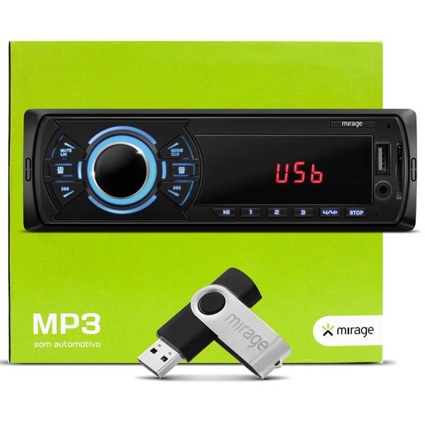 MP3 Player Automotivo Mirage P3323M USB SD AUX FM RCA Busca Pasta + Pen Drive 4GB Carro