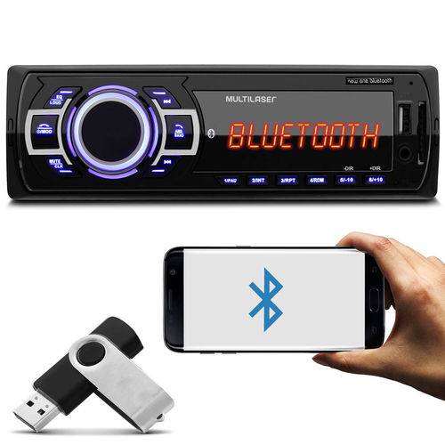 MP3 Player Automotivo Multilaser New One Bluetooth P3319P 1 Din USB Sd Aux MP3 Fm + Pen Drive 8GB