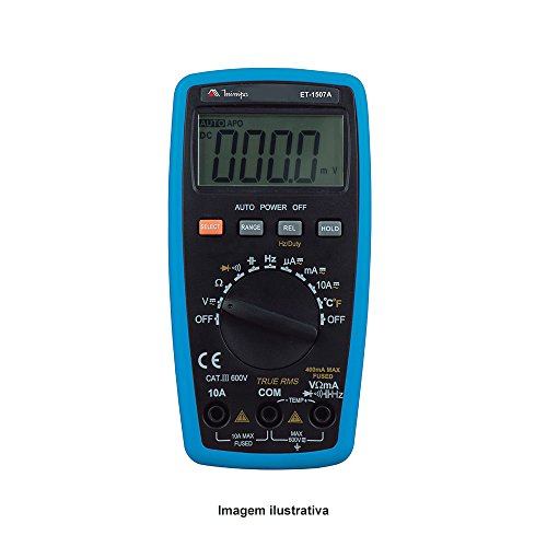 Multímetro Digital True RMS Temperatura -20 a 1000°C Tensão DC 400mV a 600V AC 4 a 600V Frequência Resistência Capacitância Minipa ET-1507A