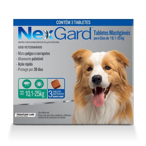 Nex Gard - Antipulgas e Carrapatos - Cães de 10,1 a 25 Kg - 3 Tabletes