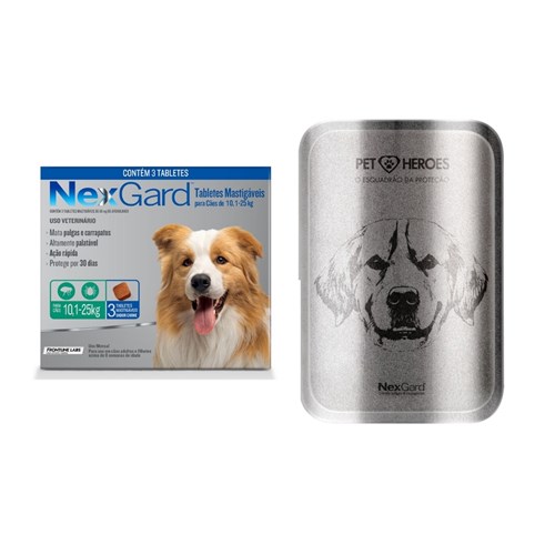 NexGard Antipulgas e Carrapatos Cães de 10,1 a 25kg Merial - 3 Tabletes + Lata