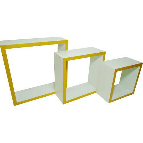 Nicho Cubo em Mdf Branco com Borda Amarela Kit C/3