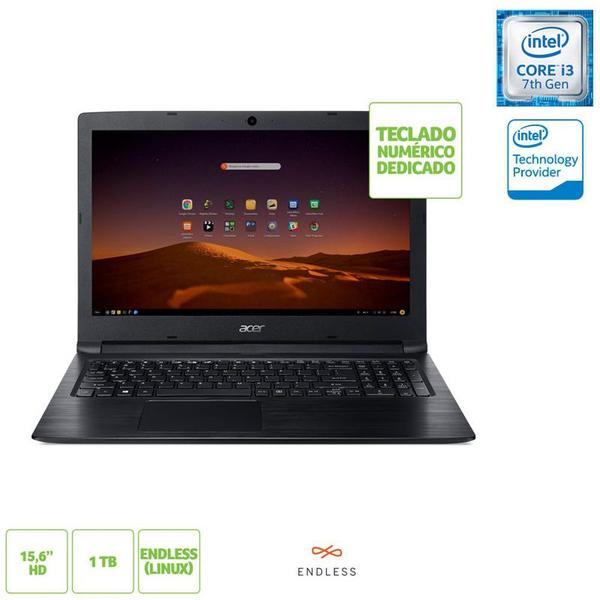 Notebook Acer A315-53-343Y Intel Core I3-7200U 4GB 1TB 15,6" Linux Preto