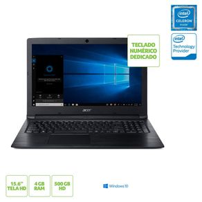 Notebook Acer A315-33-C39F Intel Dual Core N3060 4GB 500GB 15,6" Win10 Preto