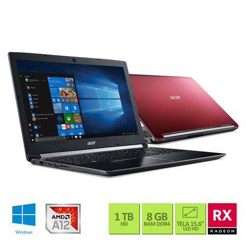 Notebook Acer A515-41G-1480 AMD A12 2.7Ghz 8GB RAM 1TB HD AMD Radeon RX 540 de 2GB 15.6" Windows 10